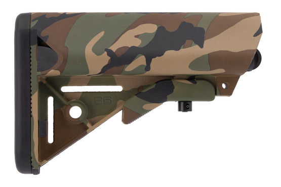 B5 Systems AR-15 Enhanced SOPMOD Stock has a Woodland camo pattern.